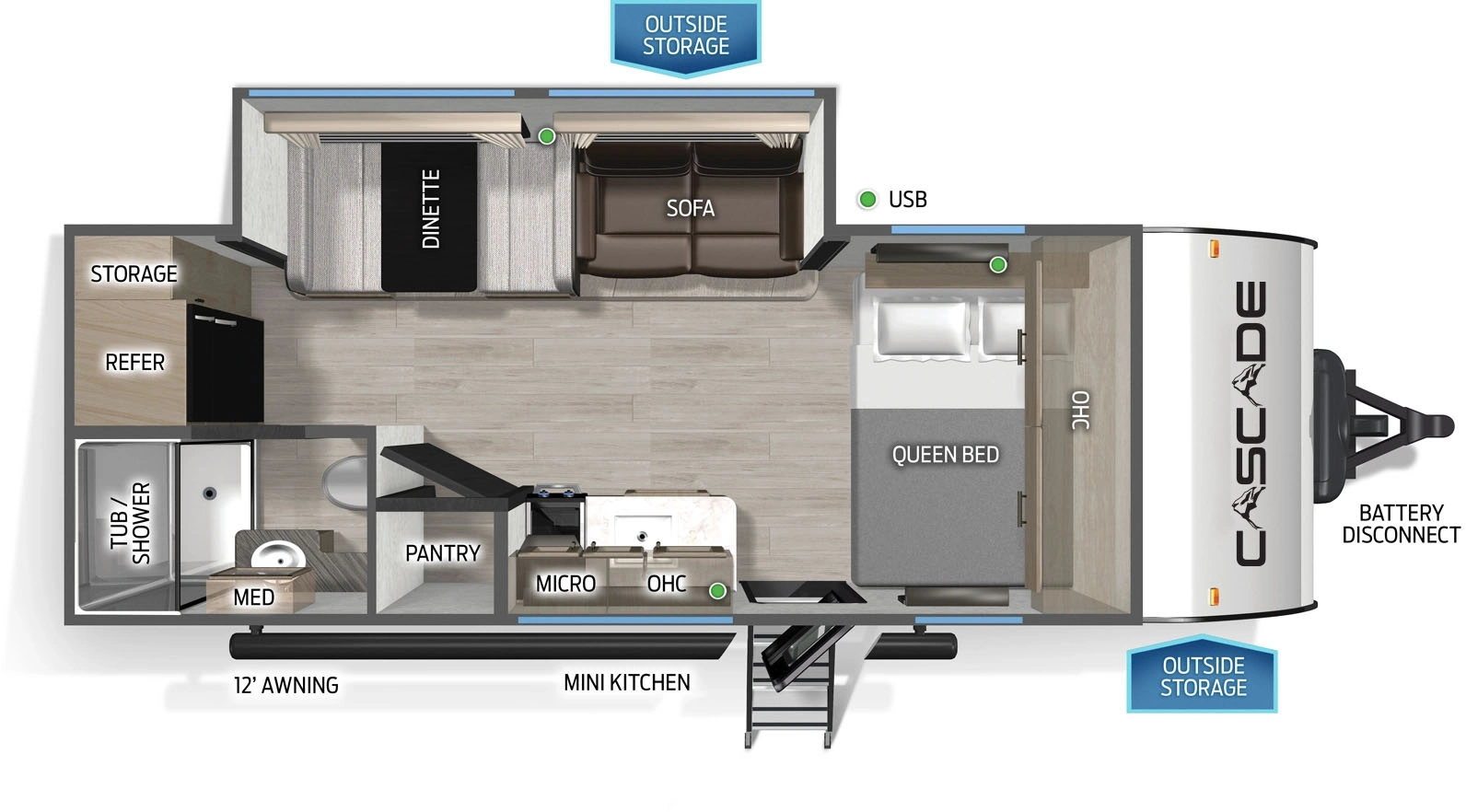 The Cascade 18PBC floorplan has one entry and one slide out. Exterior features include: metal exterior, 12' awning and outside kitchen. Interiors features include: front bedroom.